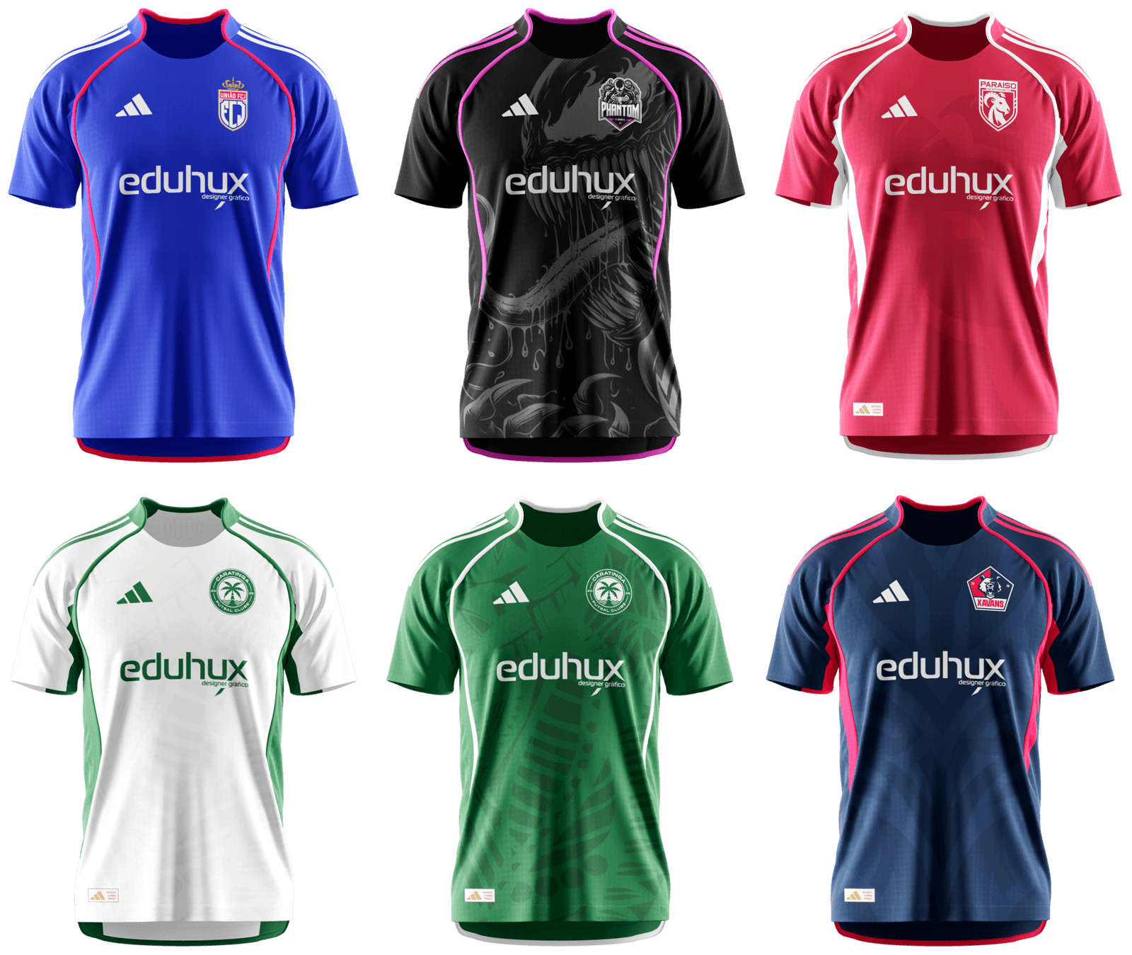 Mockup de camisa de time com o escudo aplicado, em várias cores